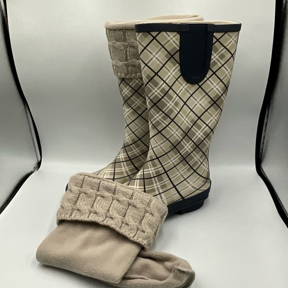 Serra Rain Boots Size 10 Beige Plaid with Removable Sock - Picture 2 of 7
